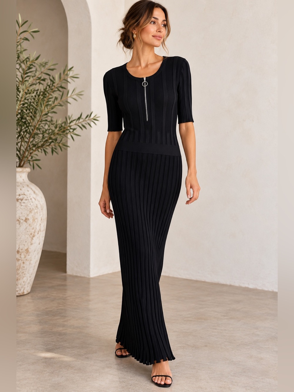 Falconeri Black Ribbed Knit Zip Front Maxi Dress Made in Italy L Bodycon Capsule